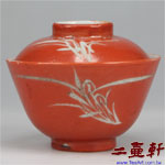 大清同治時期同治彩珊瑚紅白地蘭花蓋碗 小,古董蓋杯,古董蓋碗