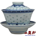 60年代景德鎮出口日本手繪青花玲瓏三件式蓋碗,蓋杯